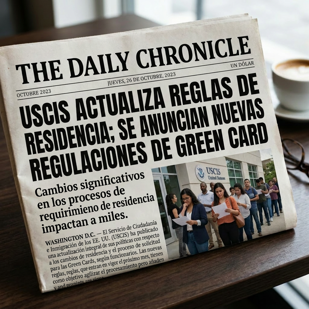 Newspaper headline about USCIS updating residency rules with people waiting outside USCIS office